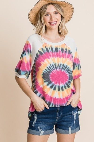 French Terry Tie Dye Printed Casual Mini Bubble Sleeves Tunic Top - NuQuTees*N*Tops Default NuQuTees*N*TopsCC