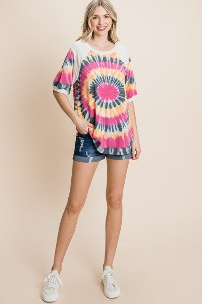 French Terry Tie Dye Printed Casual Mini Bubble Sleeves Tunic Top - NuQuTees*N*Tops Default NuQuTees*N*TopsCC
