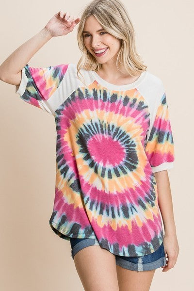 French Terry Tie Dye Printed Casual Mini Bubble Sleeves Tunic Top - NuQuTees*N*Tops Default NuQuTees*N*TopsCC
