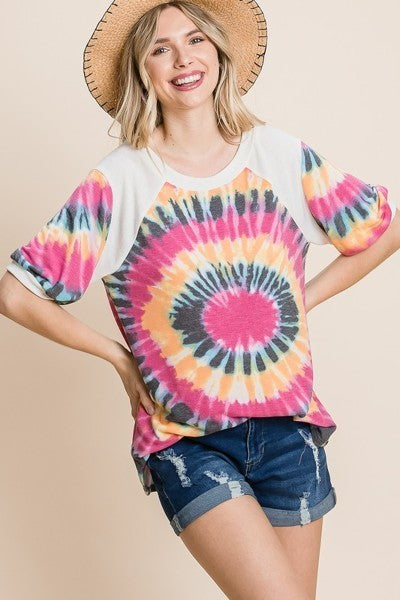 French Terry Tie Dye Printed Casual Mini Bubble Sleeves Tunic Top - NuQuTees*N*Tops Default NuQuTees*N*TopsCC