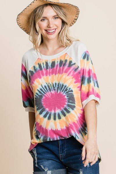 French Terry Tie Dye Printed Casual Mini Bubble Sleeves Tunic Top - NuQuTees*N*Tops Default NuQuTees*N*TopsCC