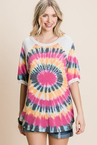 French Terry Tie Dye Printed Casual Mini Bubble Sleeves Tunic Top - NuQuTees*N*Tops Default NuQuTees*N*TopsCC