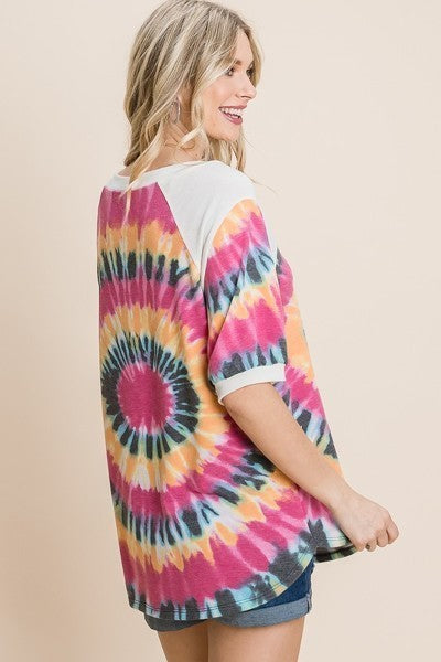 French Terry Tie Dye Printed Casual Mini Bubble Sleeves Tunic Top - NuQuTees*N*Tops Default NuQuTees*N*TopsCC