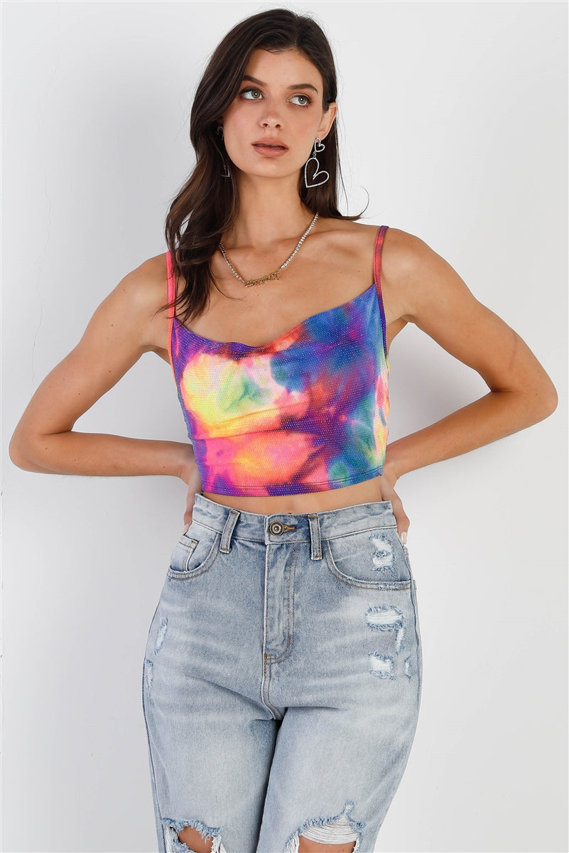 Multi Color Neon Tie-dye Lurex Cowl Neck Sleeveless Crop Top - NuQuTees*N*Tops NuQuTees*N*TopsCC