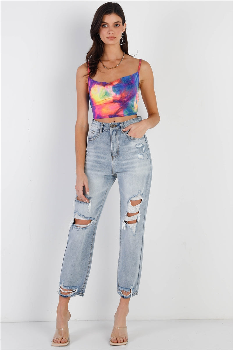 Multi Color Neon Tie-dye Lurex Cowl Neck Sleeveless Crop Top - NuQuTees*N*Tops NuQuTees*N*TopsCC