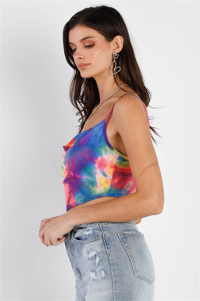 Multi Color Neon Tie-dye Lurex Cowl Neck Sleeveless Crop Top - NuQuTees*N*Tops NuQuTees*N*TopsCC