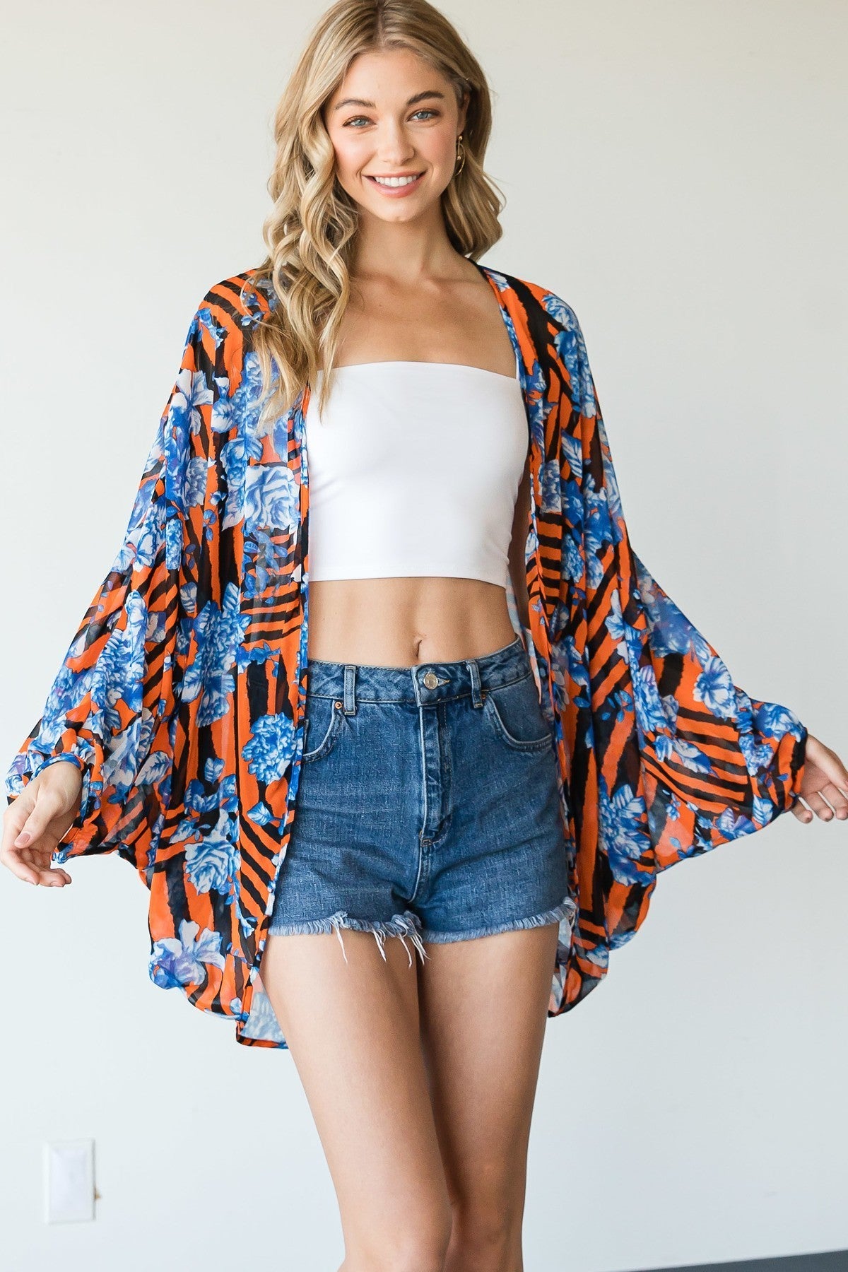 Stripes And Floral Print Lightweight Kimono - NuQuTees*N*Tops Shirts & Tops NuQuTees*N*TopsCC