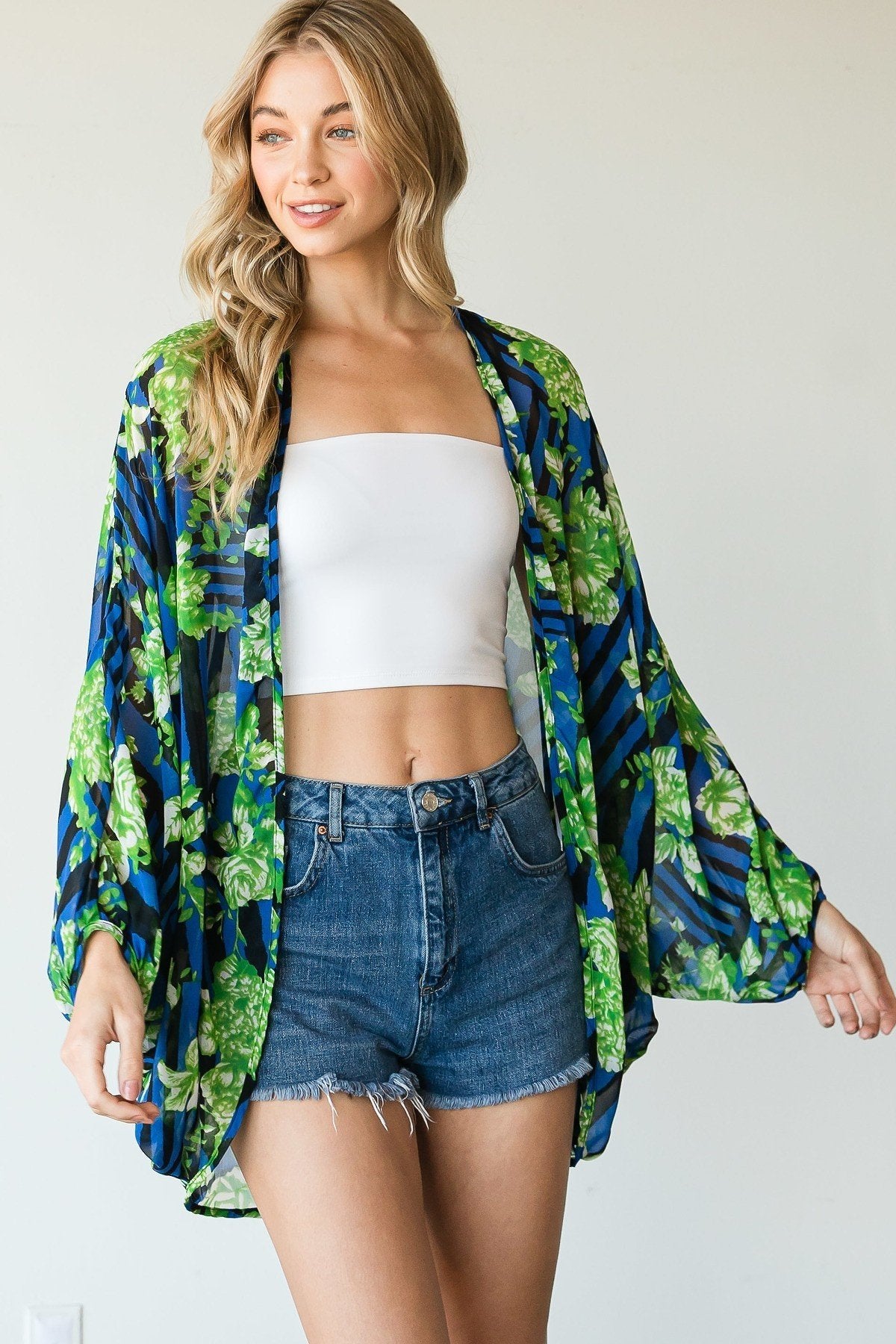 Stripes And Floral Print Lightweight Kimono - NuQuTees*N*Tops Tops NuQuTees*N*TopsCC