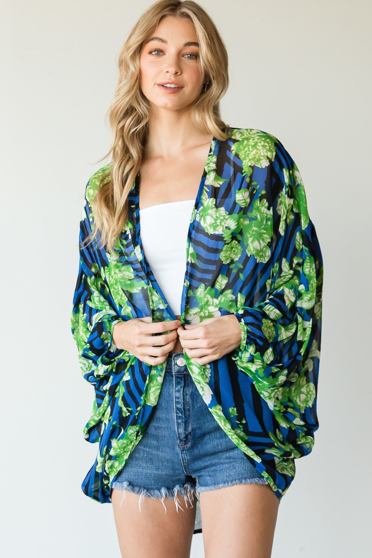 Stripes And Floral Print Lightweight Kimono - NuQuTees*N*Tops Tops NuQuTees*N*TopsCC