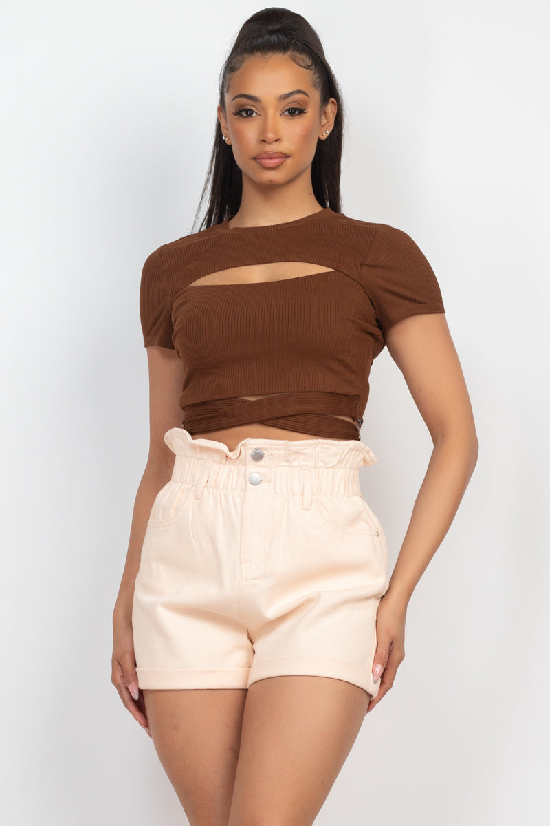 Self-tie Ribbon Front Cutout Crop Top - NuQuTees*N*Tops Shirts & Tops NuQuTees*N*TopsCC
