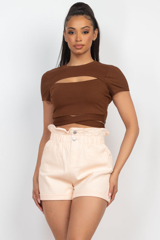 Self-tie Ribbon Front Cutout Crop Top - NuQuTees*N*Tops Shirts & Tops NuQuTees*N*TopsCC